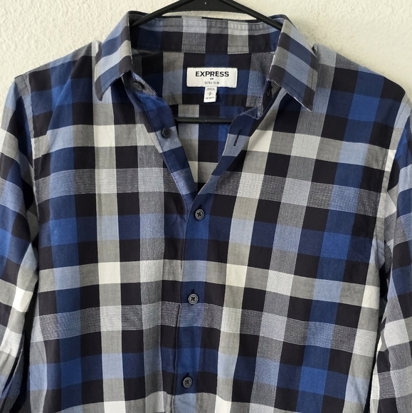 Express Plaid Shirt Mens Sz S Blue Black White Long Sleeve Button Up Academia - Picture 5 of 11